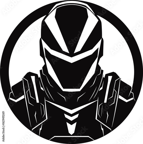 Sleek Futuristic Armored Figure Icon: A Modern Cybernetic Warrior Emblem in Bold Monochrome Vector Art for Technology and Gaming Themes
