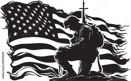 Vector art of silhouette of kneeling soldier with american flag isolated on white background