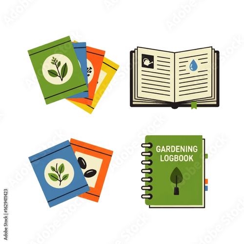 Gardening supplies and guidebooks: seed packets, instruction manual, and a gardening logbook.