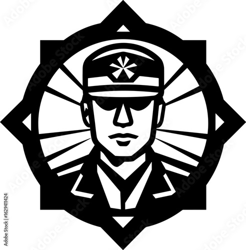 Striking monochrome vector illustration of a disciplined officer in uniform, symbolizing authority and protection within a bold geometric frame.