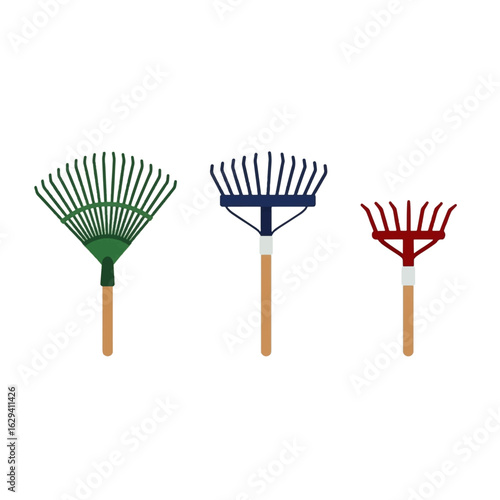Three different types of garden rakes, green, blue, and red, with wooden handles, isolated on white background.
