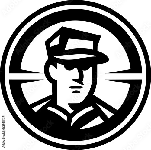 Monochrome Graphic Icon of a Law Enforcement Officer in Uniform within a Circle - Ideal for Security, Justice, and Public Service Concepts.