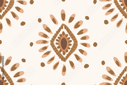Hand painted diamond motif with embellishments, forming an ethnic folk art pattern in colors of brown and cream on an off-white background. Abstract seamless vector pattern. Great for home decor, gift