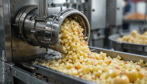 Industrial Apple Processing: Diced Apples Flowing from a High-Tech Machine