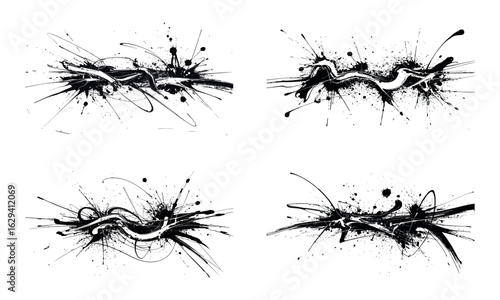 Abstract ink splatter illustration set with dynamic black brush strokes and splashes in artistic style
