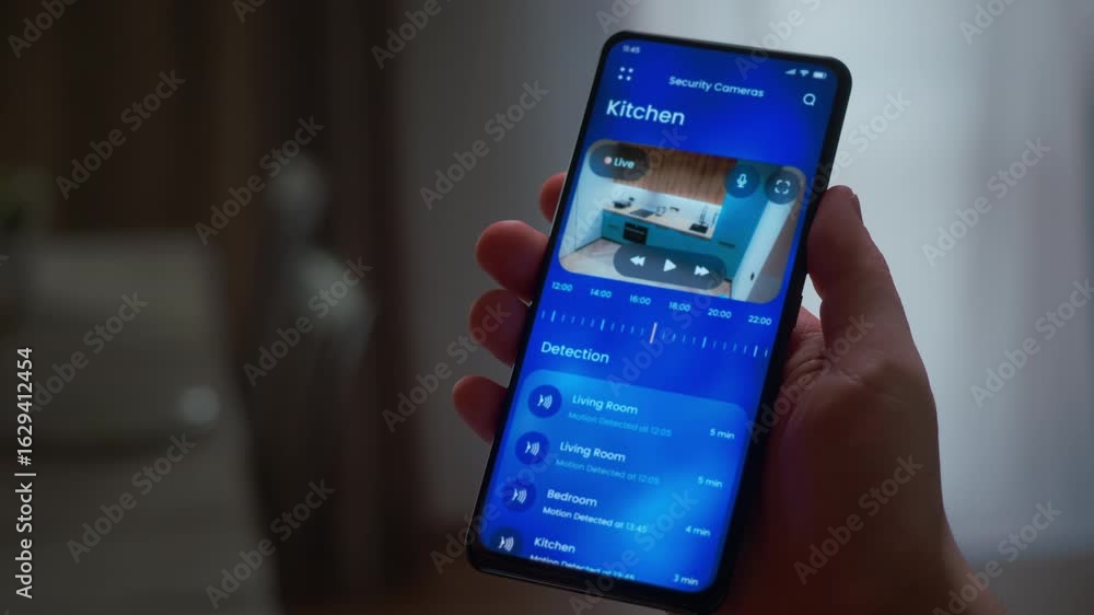 Monitoring security cameras on smartphone application. Smart home cctv video on a house security system app.