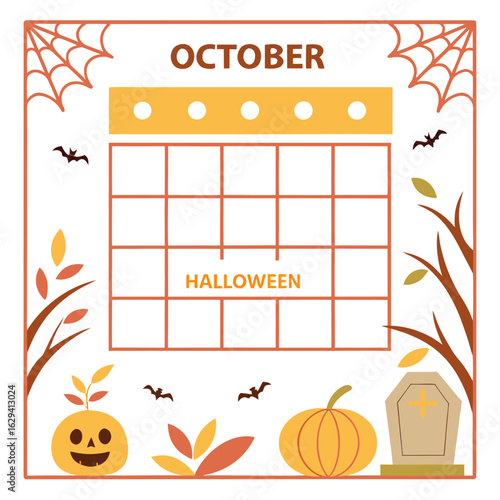 October halloween calendar with spooky decorations and autumnal elements