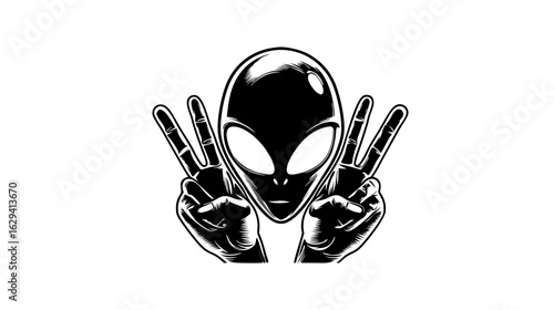 Monochrome alien with large eyes making double peace signs with both hands.
