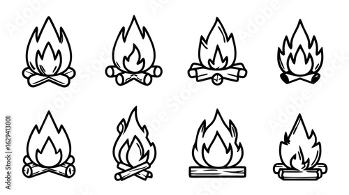 Set of eight black outline campfire icons Hand-drawn doodle style illustrations of burning bonfires with logs.
