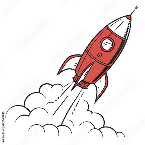 Retro style red rocket blasting off into the sky leaving a trail of smoke and speed lines against a white background