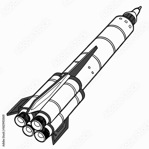 Stylized black and white illustration of a multi stage rocket with booster rockets and fins against a white background