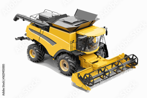 High-angle view of a modern yellow combine harvester with a large cutter bar digital art style.
