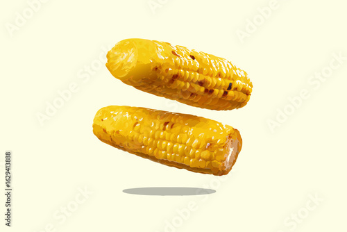 wo golden grilled corn cobs with charred kernels in a stylized digital illustration.
