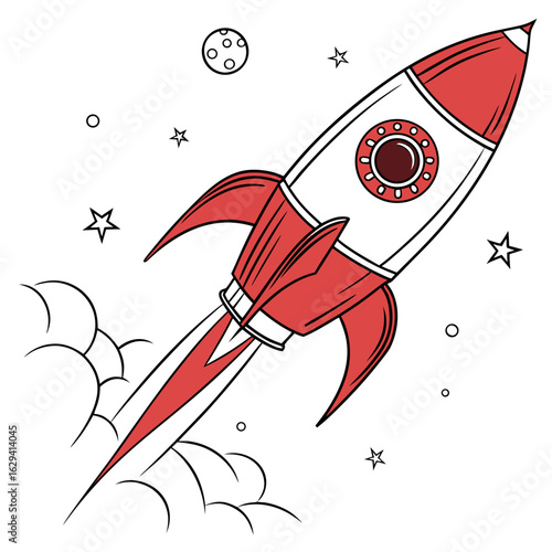 Retro style red and white rocket ship blasting off into space surrounded by stars and a moon