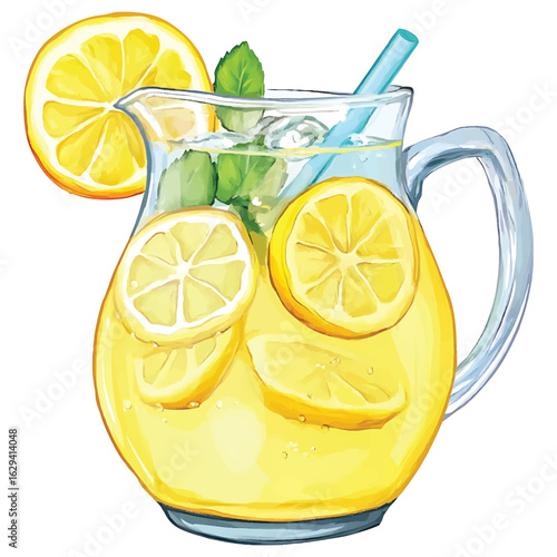 Refreshing lemonade pitcher with lemon slices and mint leaves vector