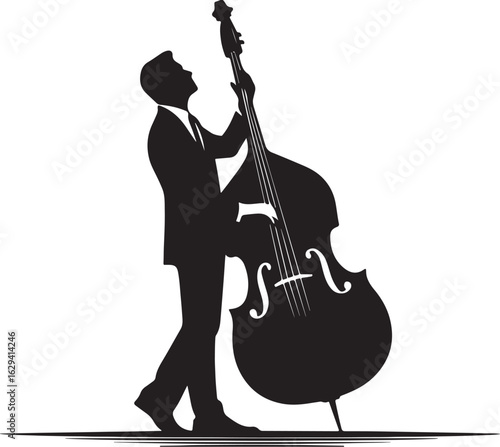 Vector art of silhouette of a musician playing the double bass isolated on white background