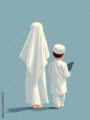 Rear view of a Muslim mother in a white hijab and her young son holding a Quran.
