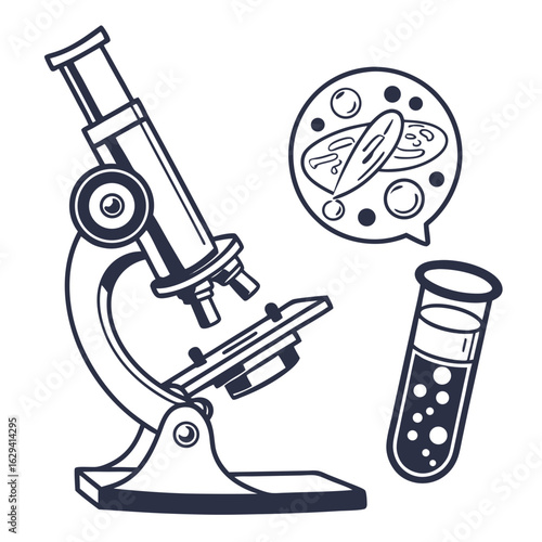 Scientific illustration of a microscope test tube with bubbles and a magnified view of cells in a speech bubble