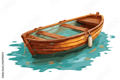 Classic wooden rowboat with a fender illustrated floating on calm turquoise water.
