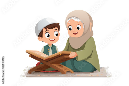 Smiling Muslim grandmother in a hijab teaching her young grandson to read the Holy Quran from a wooden rehal stand.
