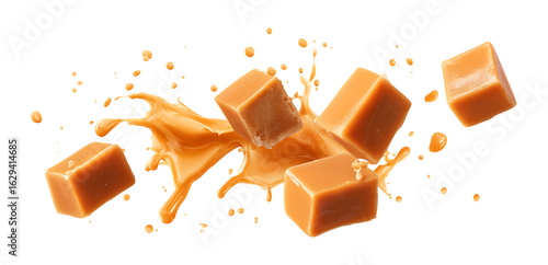 caramel sauce explosion effect with caramel cubes floating around it isolated on a transparent background