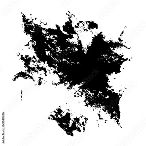 Abstract black ink blot with rough edges and textured surface on a white background creating contrast art