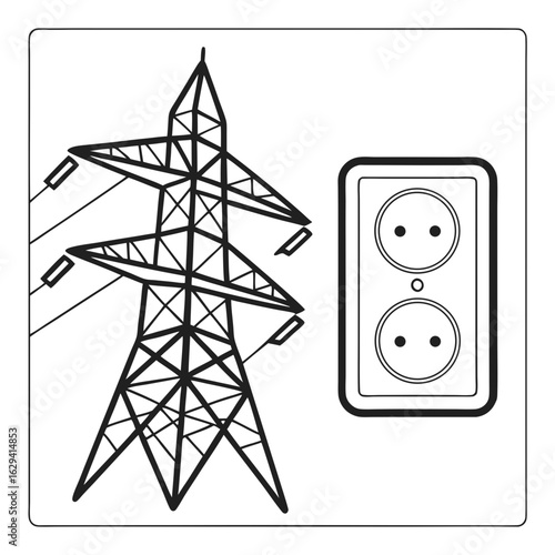 Illustration of an electricity pylon with power lines connected to a wall socket with two outlets