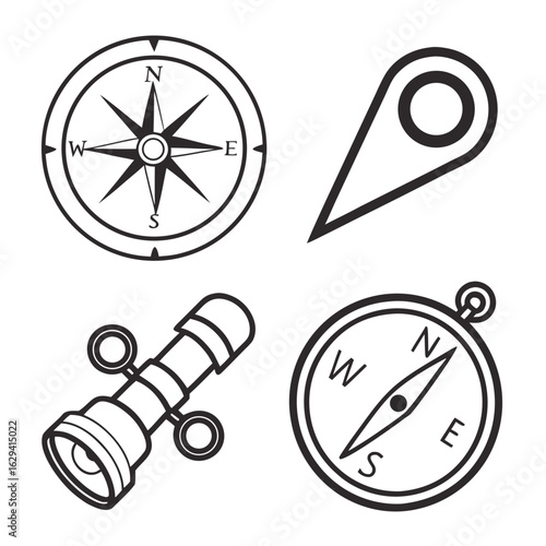Collection of four black and white line art icons representing travel and exploration including compasses telescope and location pin