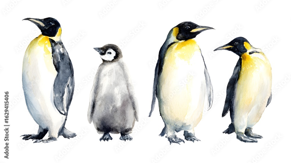 Fototapeta premium Set of watercolor illustrations: a family of emperor penguins, gulls and ice floes. It's perfect for winter design