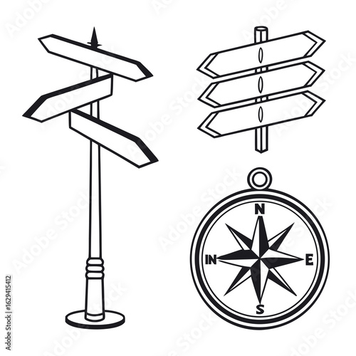 Collection of navigational aids including a compass rose and multiple directional signposts on a white background