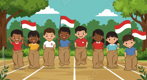 Children Sack Race with Indonesian Flag Vector Illustration