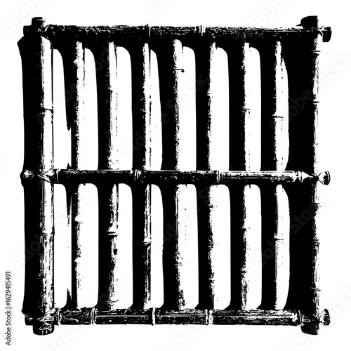 Illustration of a two tiered bamboo structure with vertical slats in black and white drawing style