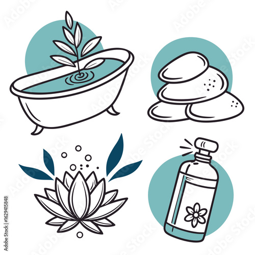 Collection of spa and wellness icons featuring a bathtub with a plant stacked stones a lotus flower and a spray bottle