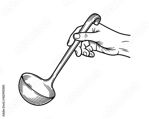 Hand Holding Ladle, Cooking Utensil, Black and White Illustration, Vector Illustration.