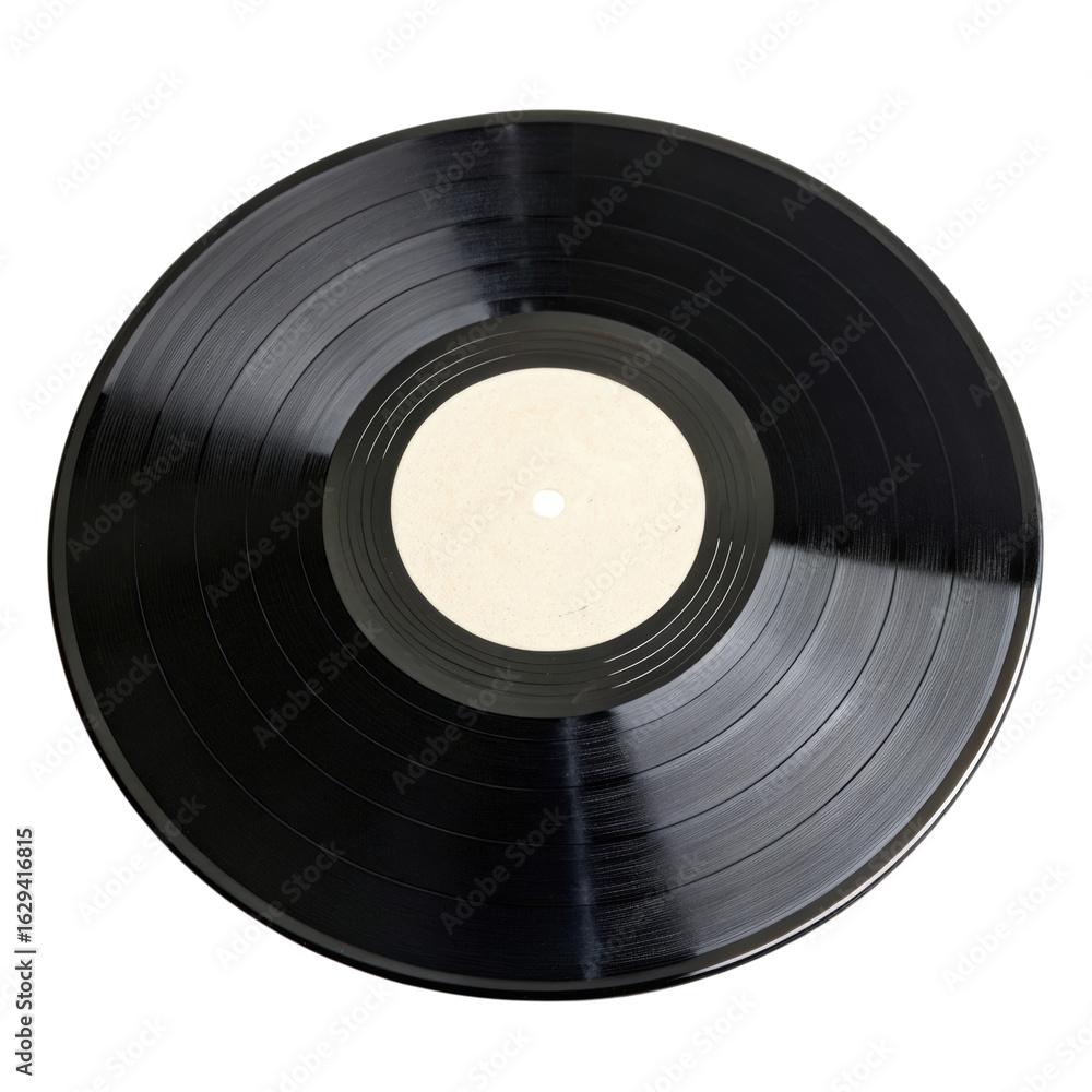 Obraz premium Vinyl disc resting on white surface, showcasing its polished black surface with central label area