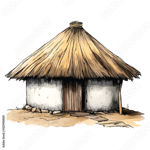 Round thatched hut with wooden walls and stone foundation illustration thatched roof round hut