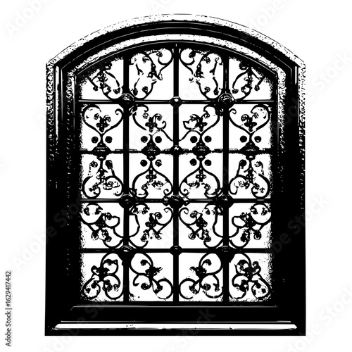 Decorative wrought iron window with an arched top and intricate floral and scrollwork design elements