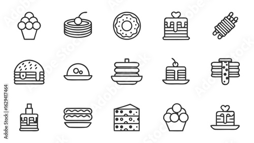 Outline drawing of various desserts including pancakes cake donut and other sweet treats line art style