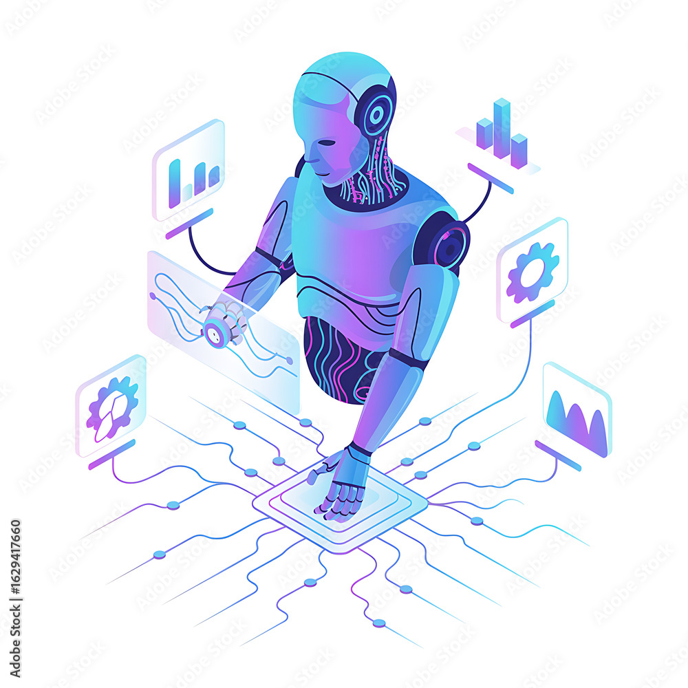 Fototapeta premium Futuristic Robot Analyzing Data with AI Interface – Artificial Intelligence, Automation, Machine Learning Concept Illustration. 