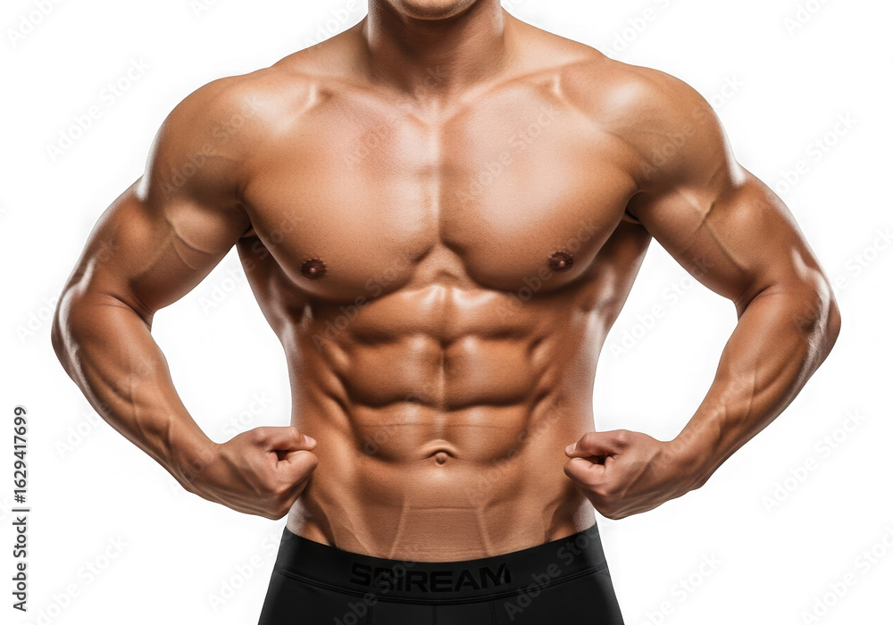 Close up of a muscular man flexing his biceps and abdominal muscles showing great physique and body definition after intense workout isolated on transparent background Close up of a muscular man flexing his biceps and abdominal muscles showing great physique and body definition after intense workout isolated on transparent background