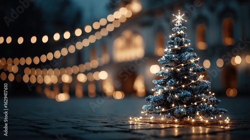 Blue Christmas Tree with Lights in Town Square at Night, Blurry Background, Festive Decoration Scene
