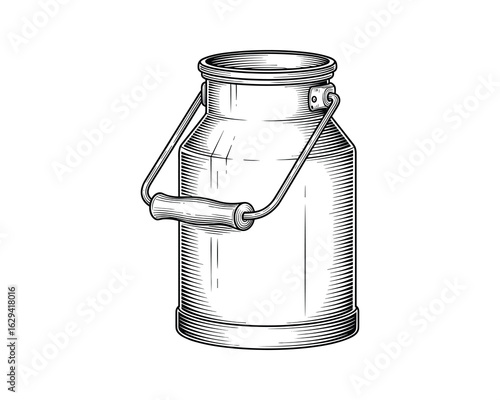 Milk Can Engraving Style Container with Handle Detailed Texture Vector Illustration