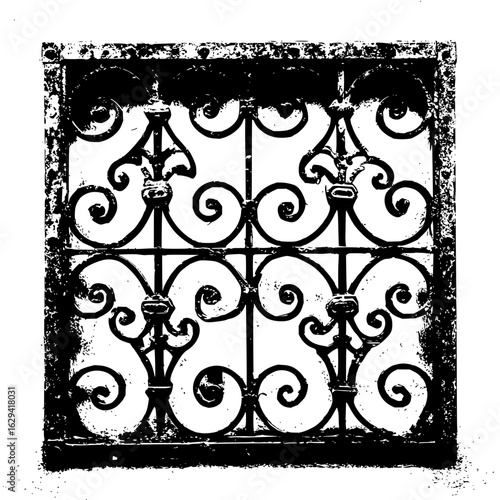 Detailed black and white image of an ornate iron window grate with decorative swirls and aged texture look