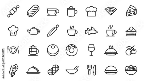 Illustration of various food and drink items including bread pizza coffee and other culinary elements