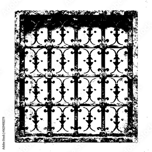 Distressed black and white image of an ornate metal gate with a decorative pattern and aged texture