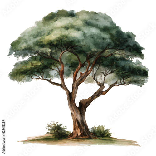 Watercolor safari acacia tree with green foliage and brown trunk on white background safari tree