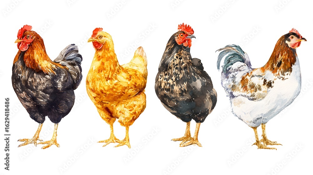 Fototapeta premium Young brown hens, chicken. Hand drawn watercolor illustration isolated on white background