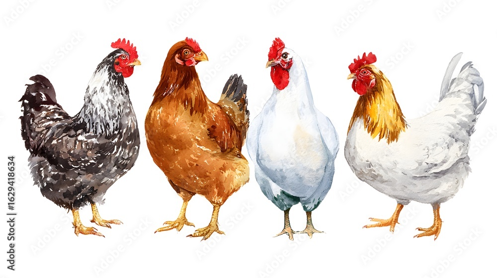 Fototapeta premium Young brown hens, chicken. Hand drawn watercolor illustration isolated on white background