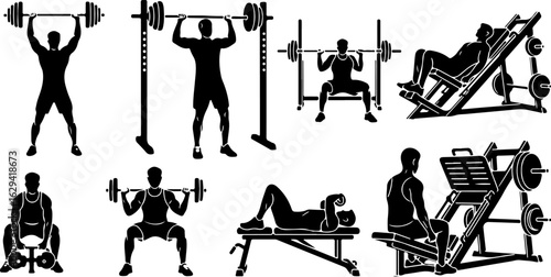 Vector art of gym workout and fitness silhouettes with weights and exercise equipment