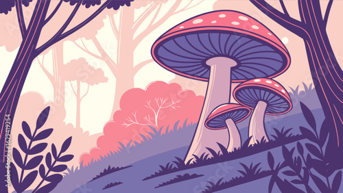 Mushroom forest vector illustration with pink and purple hues for nature themed designs and backgrounds